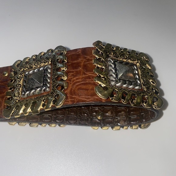 NANNI Italy Brown Leather Silver Gold Stud Belt Croc Boho Stud Size 85/34 - Picture 4 of 9